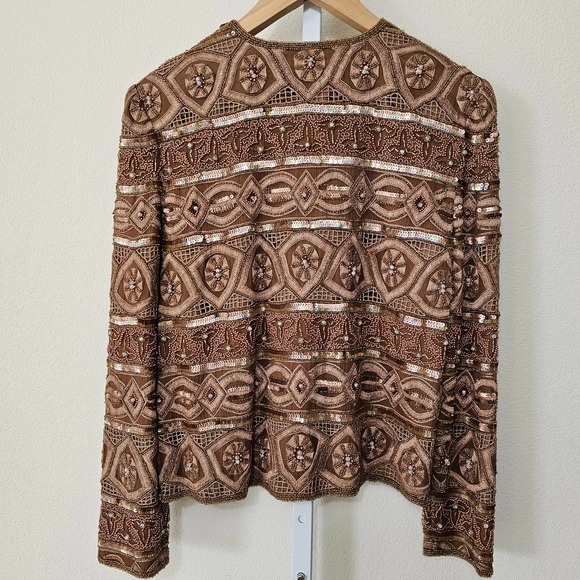 SCALA Vintage 100% Silk Beaded, Embroidered and Sequin Golden Brown Jacket Sz S - Picture 2 of 14